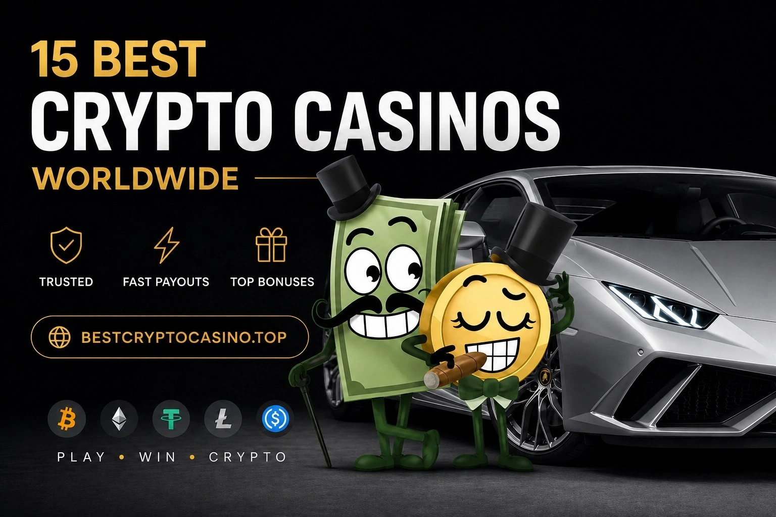 Best Crypto Casinos Worldwide banner with crypto symbols and a silver sports car